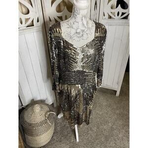 Shail K Sequin Metallic Gray Silver Gold Cocktail Fit & Flare Dress Size 18